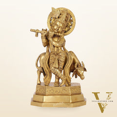 Brass Krishna with cow idol 10 inch