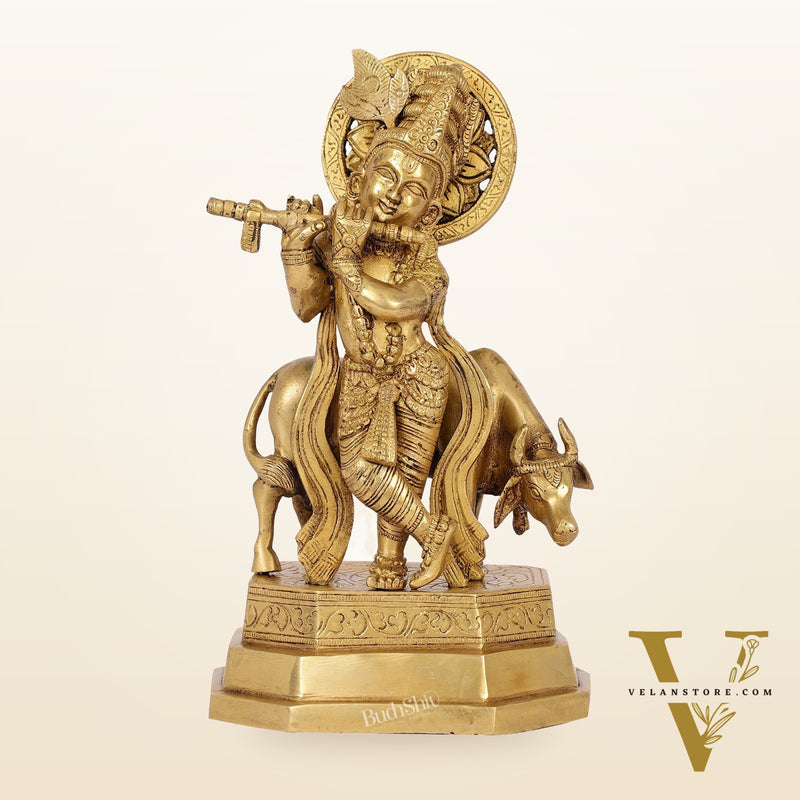 Brass Krishna with cow idol 10 inch