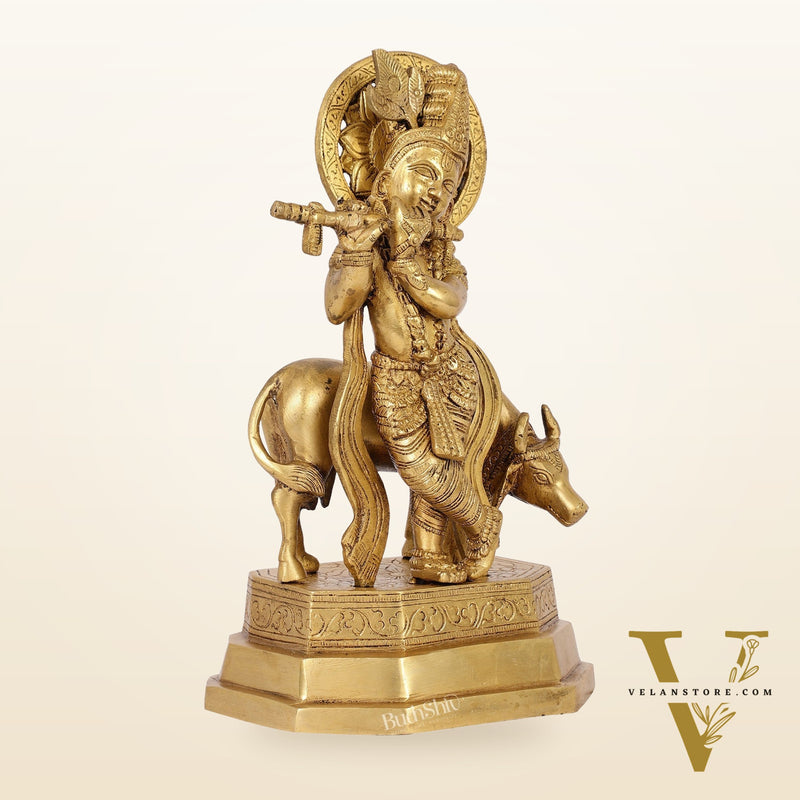 Brass Krishna with cow idol 10 inch
