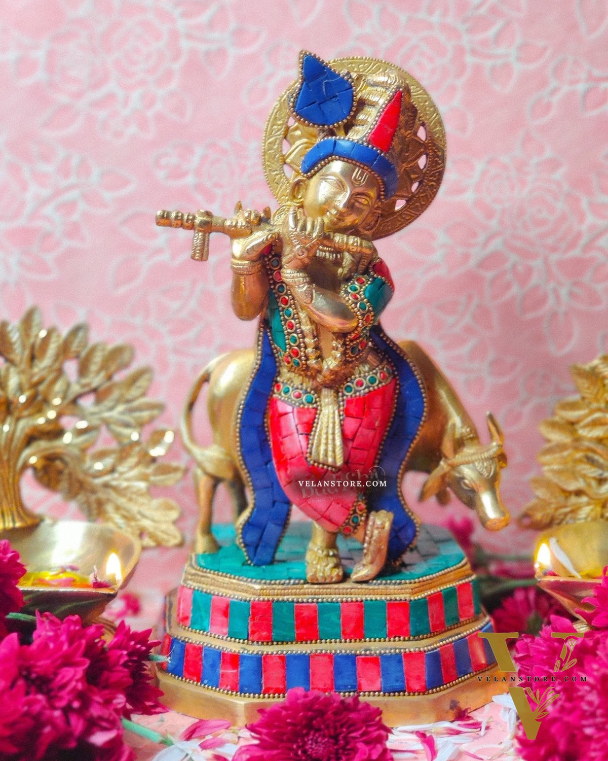 Brass krishna with cow idol 10 inch with stonework