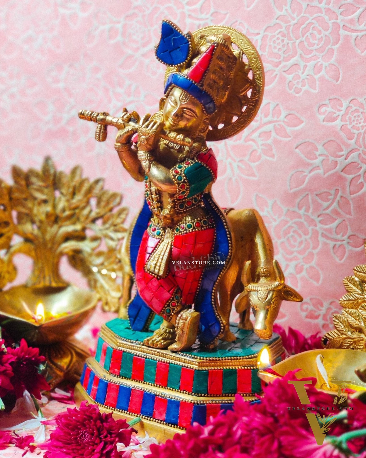 Brass krishna with cow idol 10 inch with stonework