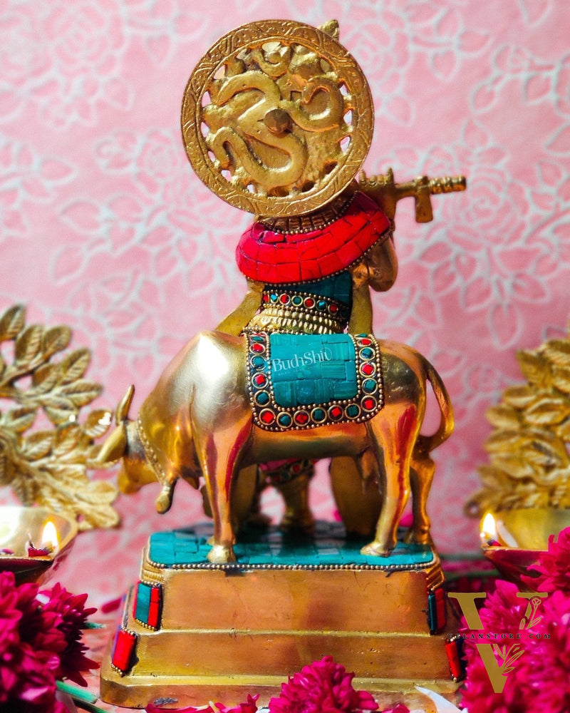 Brass krishna with cow idol 10 inch with stonework