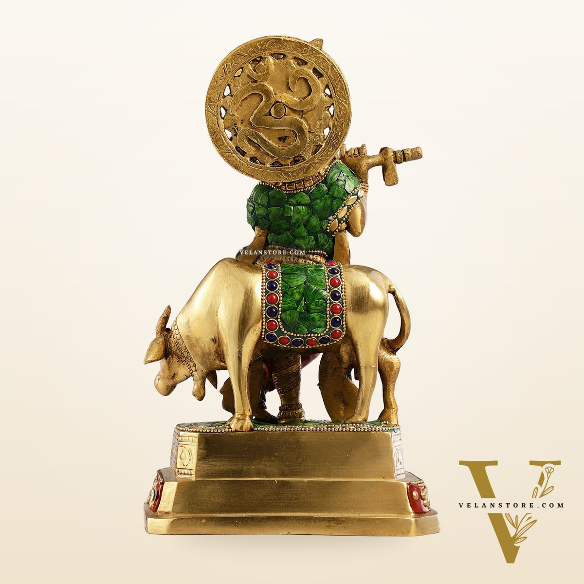 Brass krishna with cow idol 10 inch with stonework