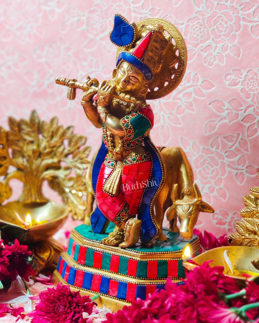 Brass krishna with cow idol 10 inch with stonework