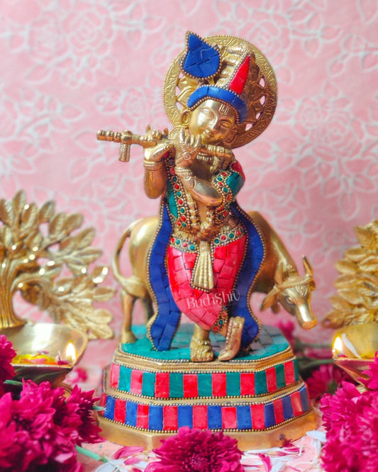 Brass krishna with cow idol 10 inch with stonework