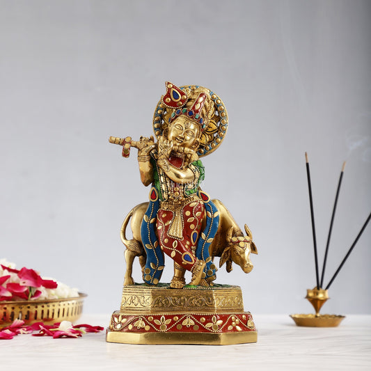 Brass krishna with cow idol 10 inch with stonework