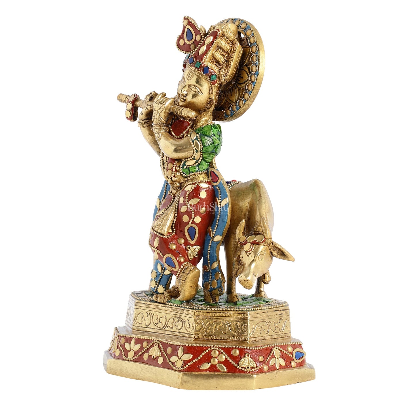 Brass krishna with cow idol 10 inch with stonework