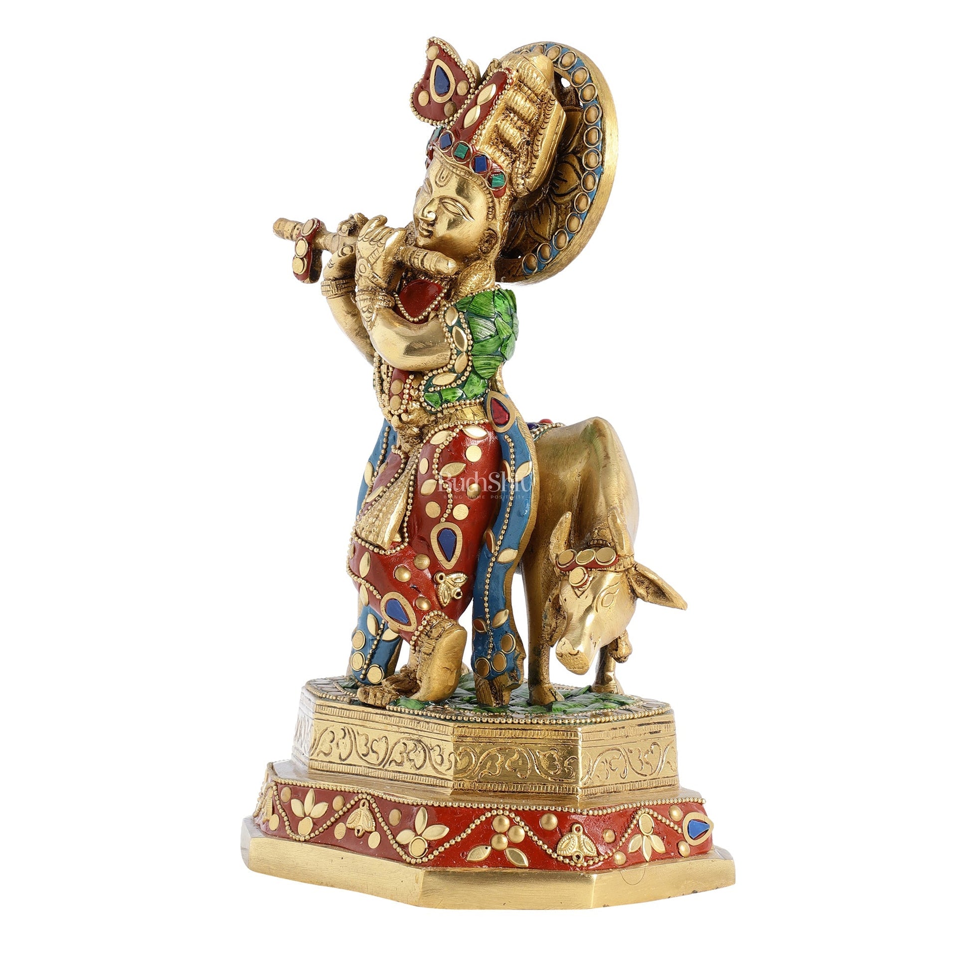 Brass krishna with cow idol 10 inch with stonework