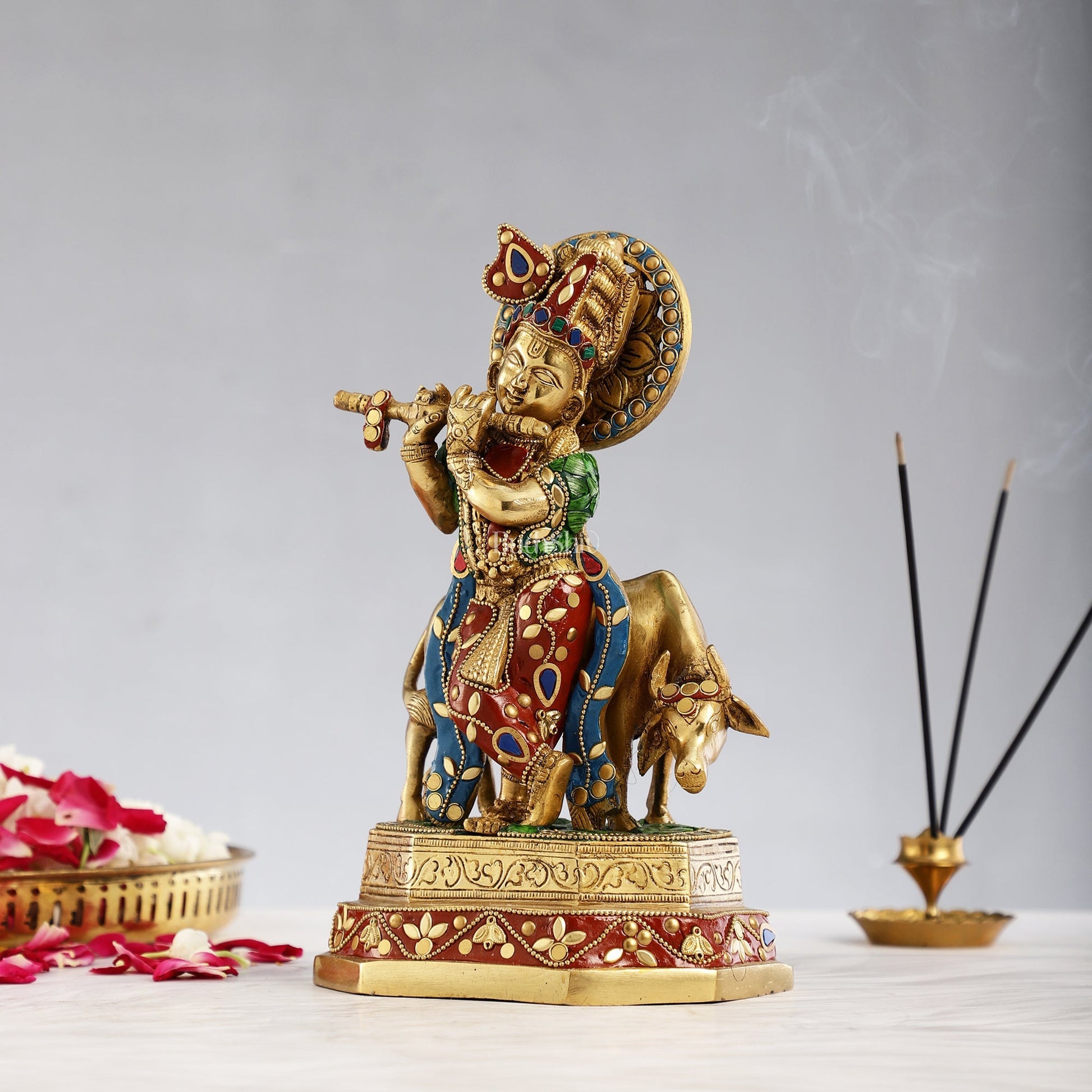 Brass krishna with cow idol 10 inch with stonework