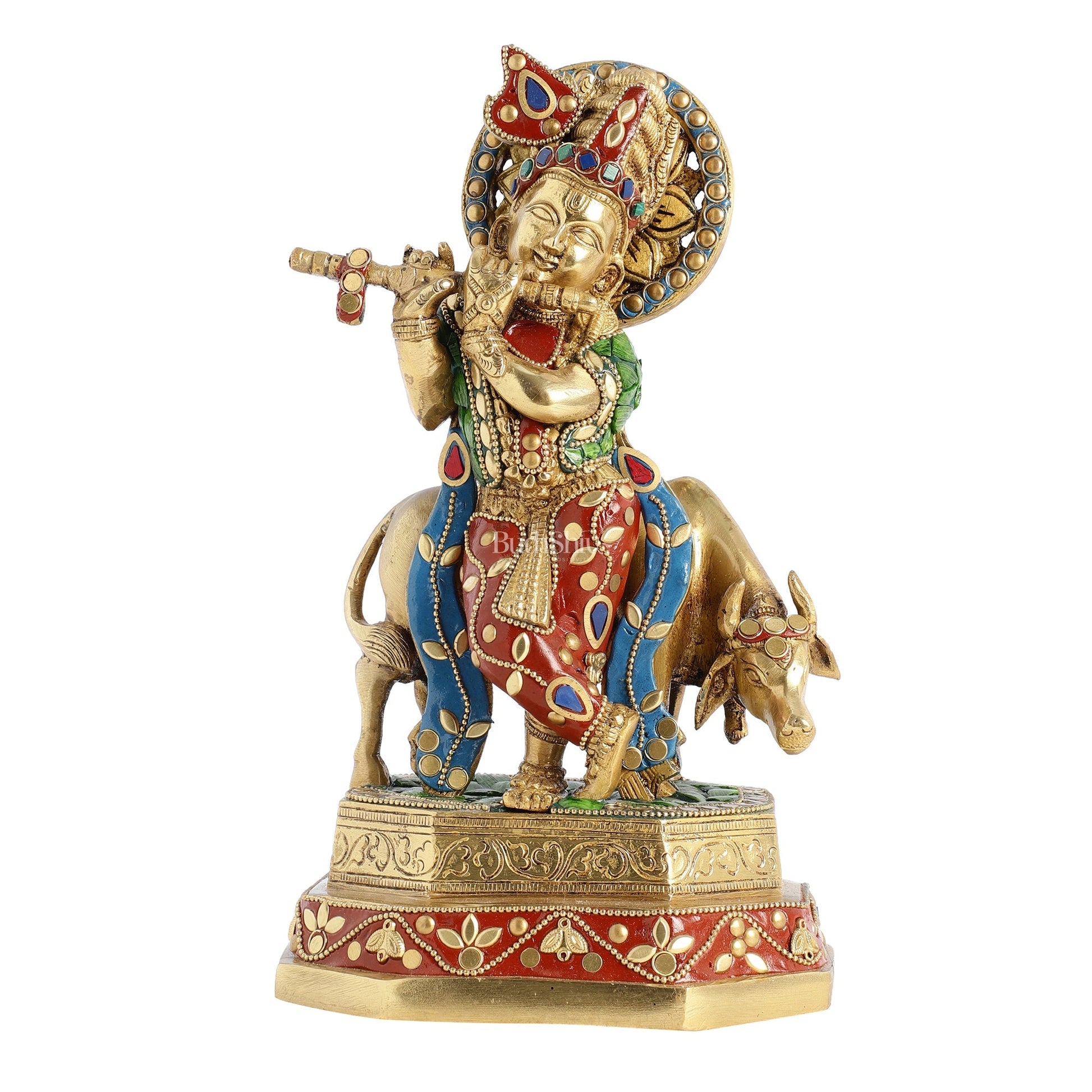 Brass krishna with cow idol 10 inch with stonework