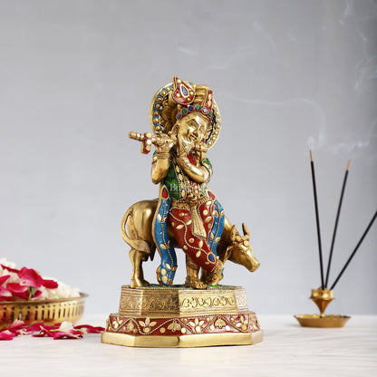 Brass krishna with cow idol 10 inch with stonework