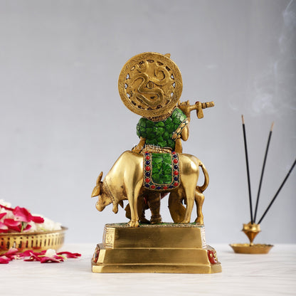 Brass krishna with cow idol 10 inch with stonework