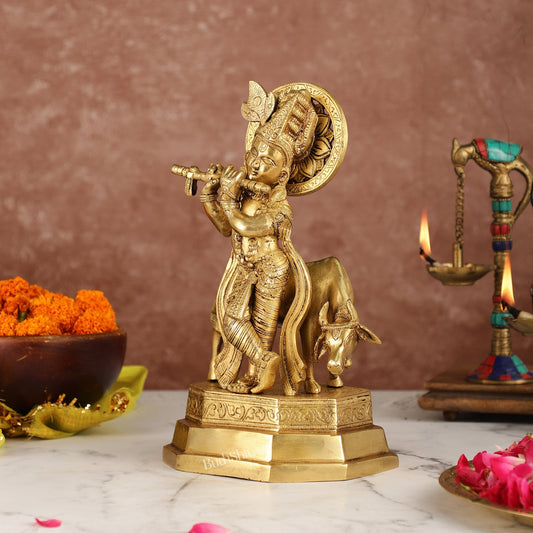 Brass Krishna with cow idol 10 inch