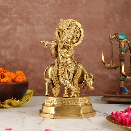 Brass Krishna with cow idol 10 inch
