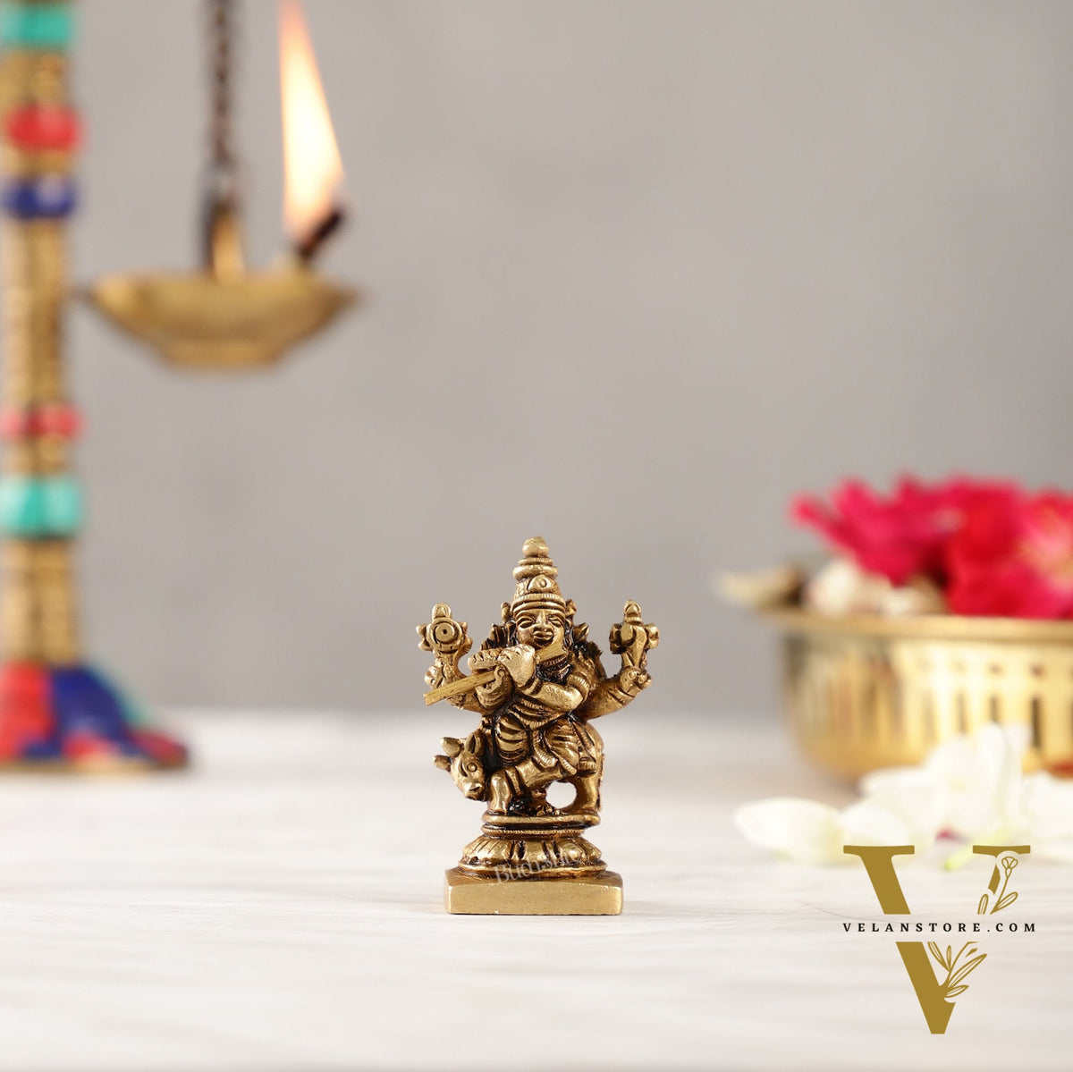 Brass Krishna with cow idol 2 inch