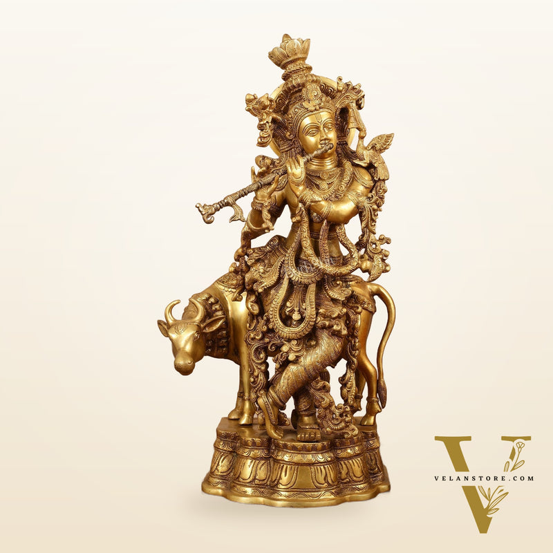 Brass Krishna with cow idol 26"