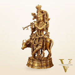 Brass Krishna with cow idol 26"
