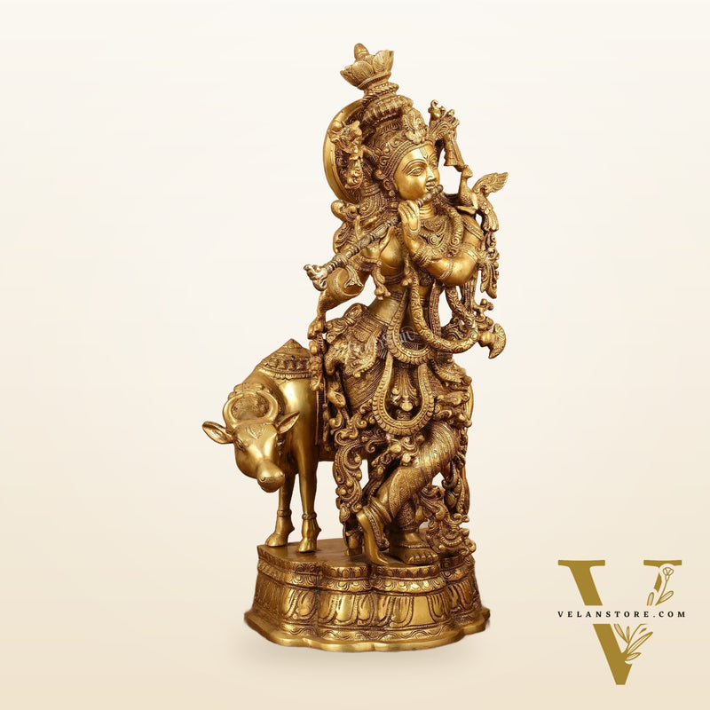 Brass Krishna with cow idol 26"