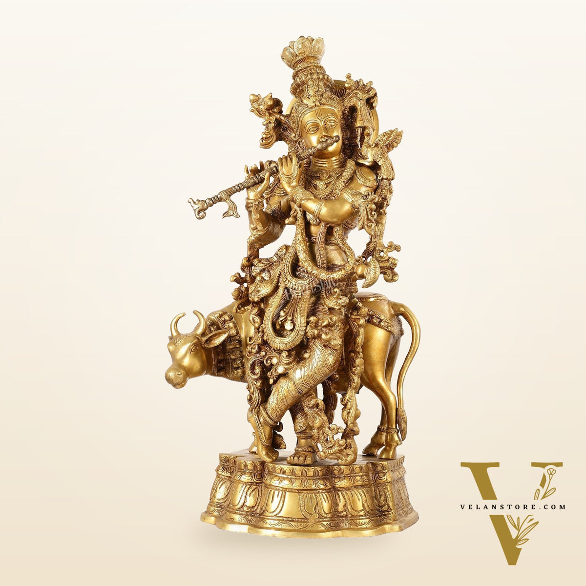 Brass Krishna with cow idol 26"