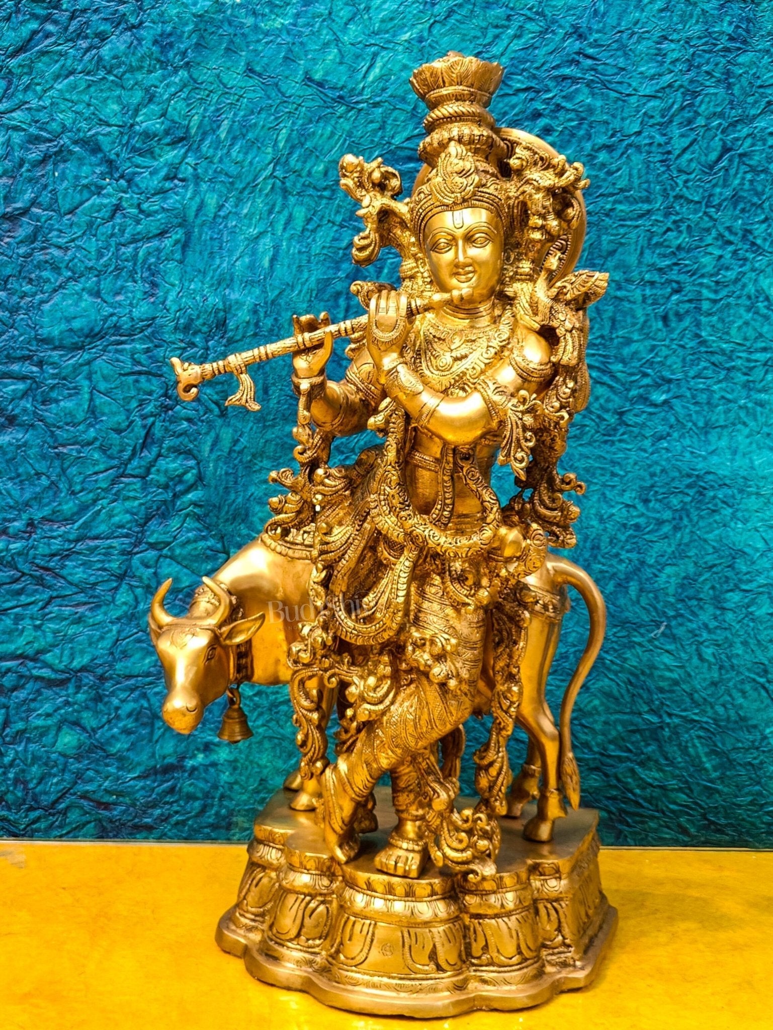 Krishna with Cow Brass Idol - Pure Fine Brass, 26.5" Tall, 26kg