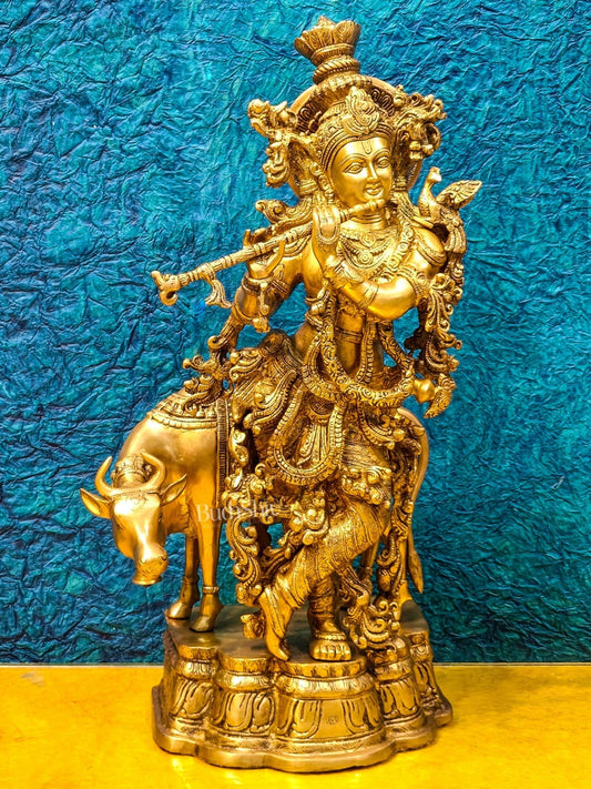 Krishna with Cow Brass Idol - Pure Fine Brass, 26.5" Tall, 26kg