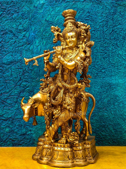 Krishna with Cow Brass Idol - Pure Fine Brass, 26.5" Tall, 26kg