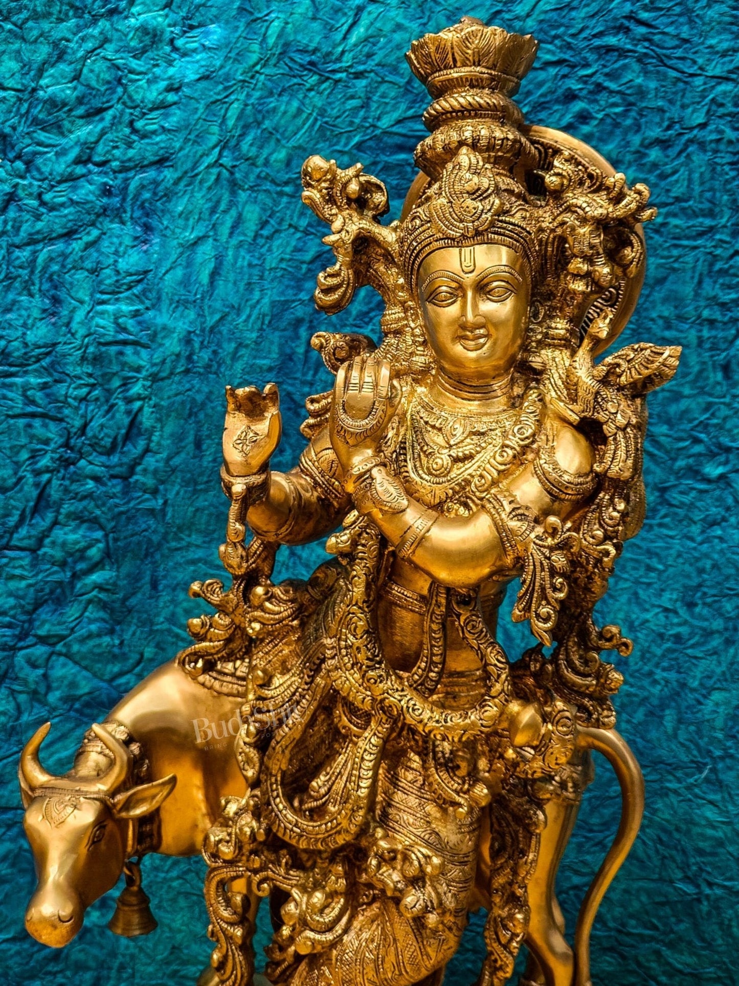 Krishna with Cow Brass Idol - Pure Fine Brass, 26.5" Tall, 26kg