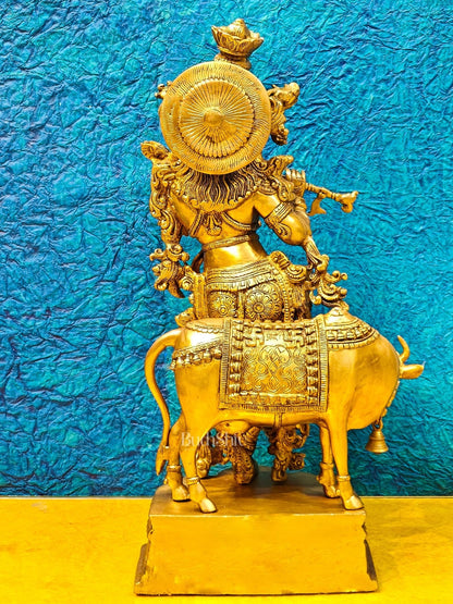 Krishna with Cow Brass Idol - Pure Fine Brass, 26.5" Tall, 26kg