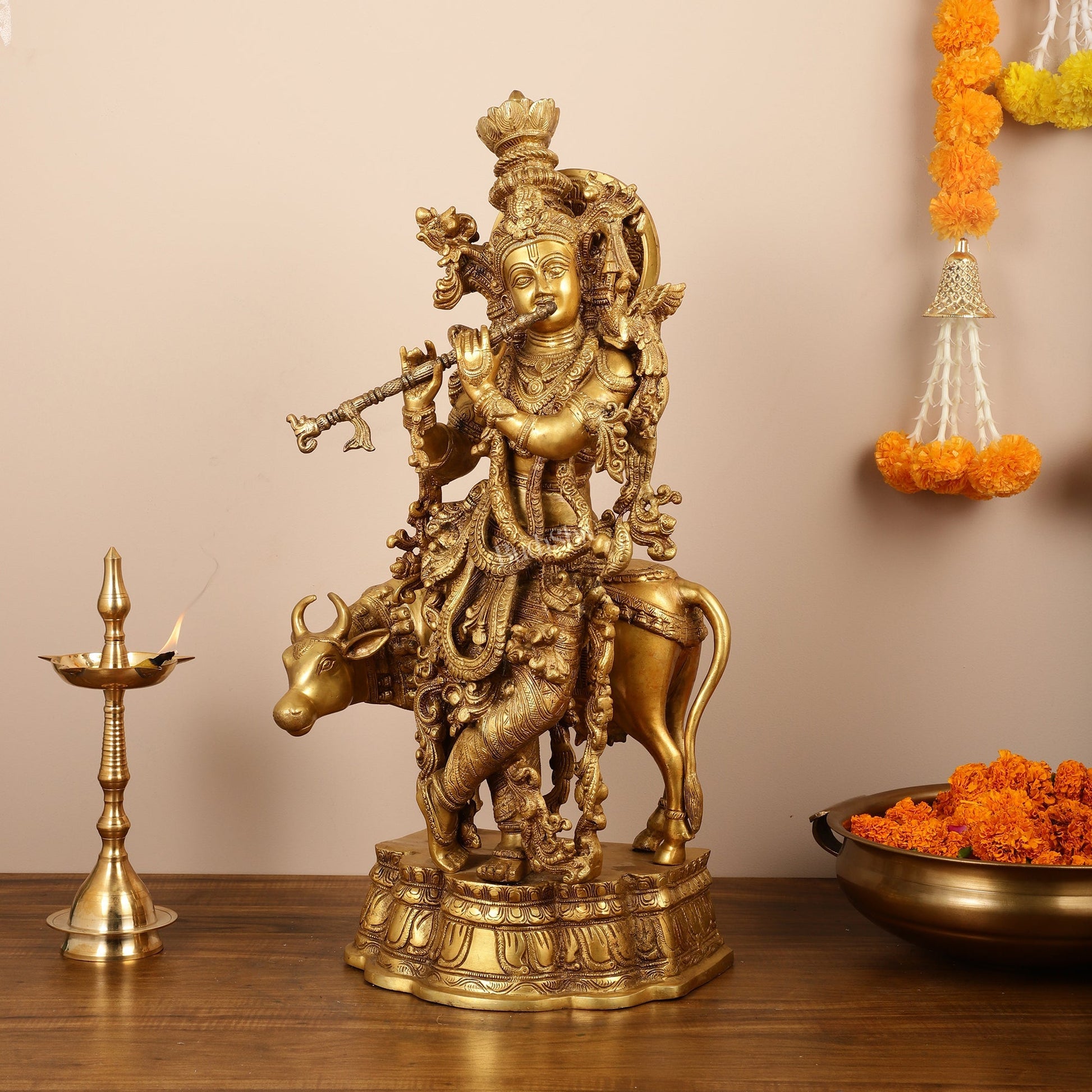 Brass Krishna with cow idol 26"