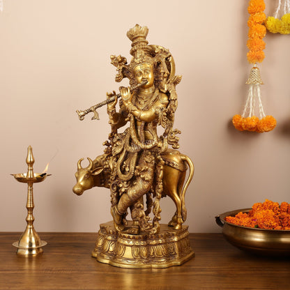 Brass Krishna with cow idol 26"
