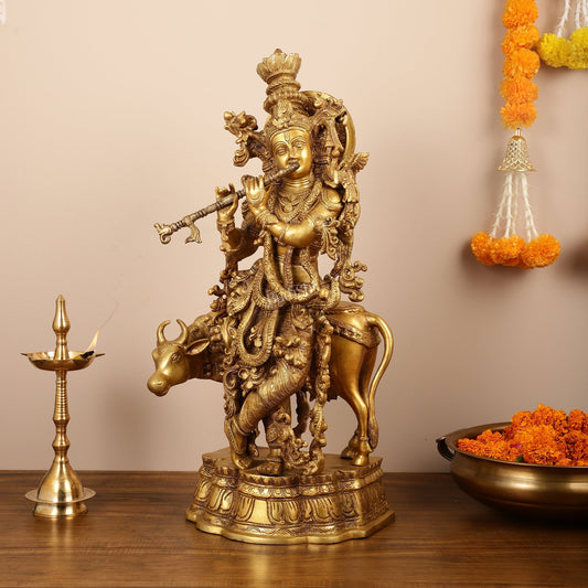 Brass Krishna with cow idol 26"