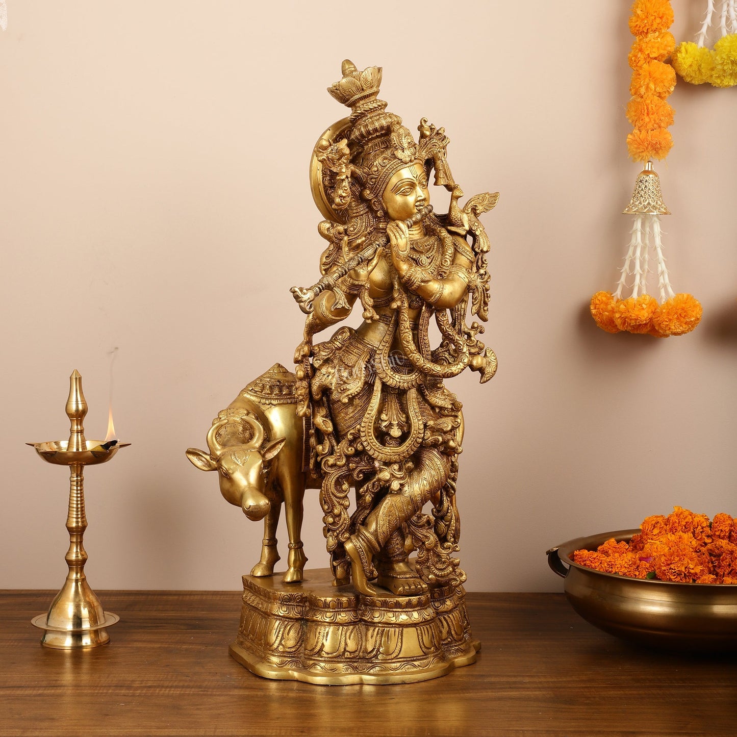 Brass Krishna with cow idol 26"