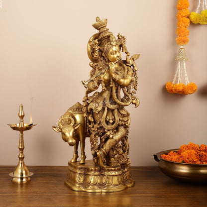 Brass Krishna with cow idol 26"