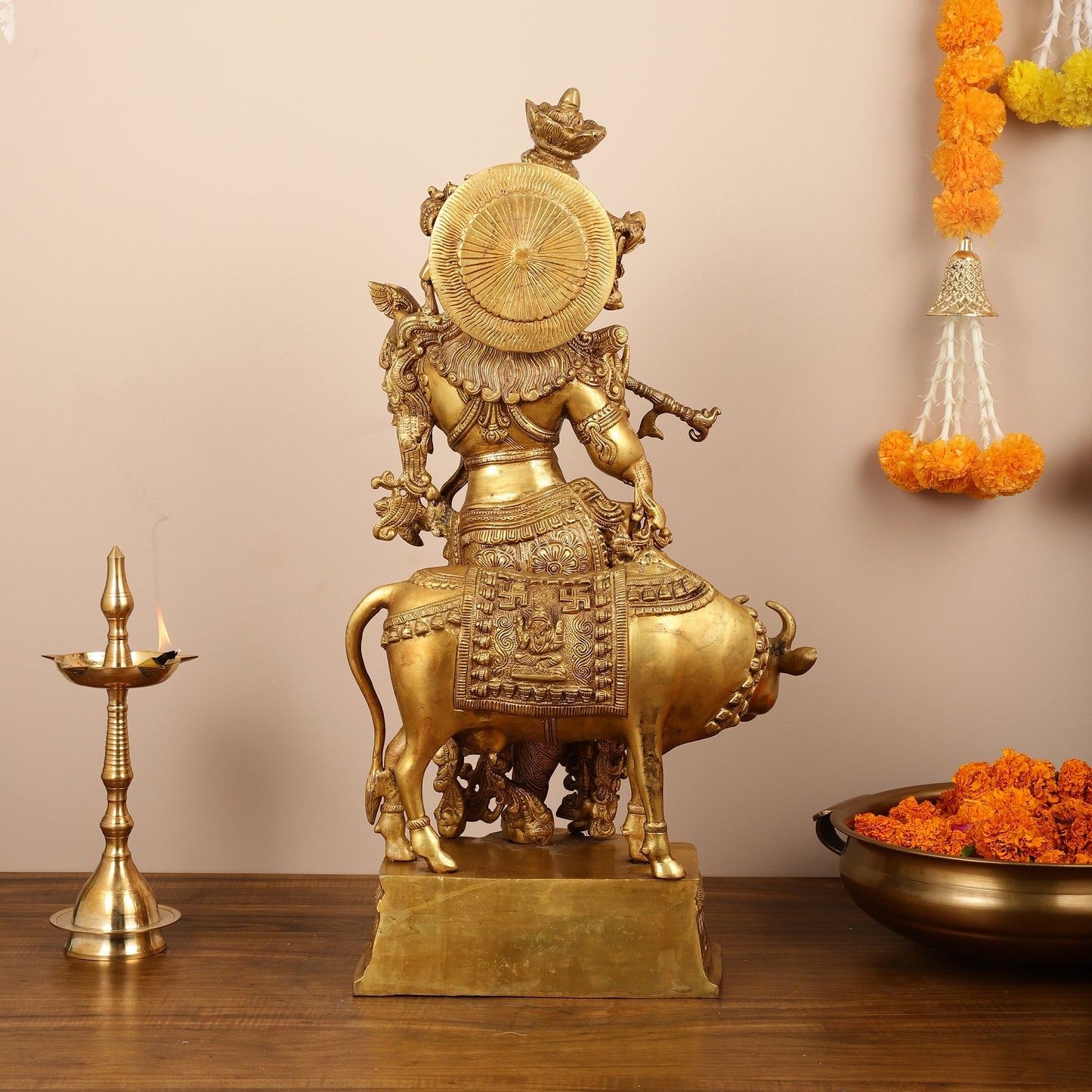 Brass Krishna with cow idol 26"