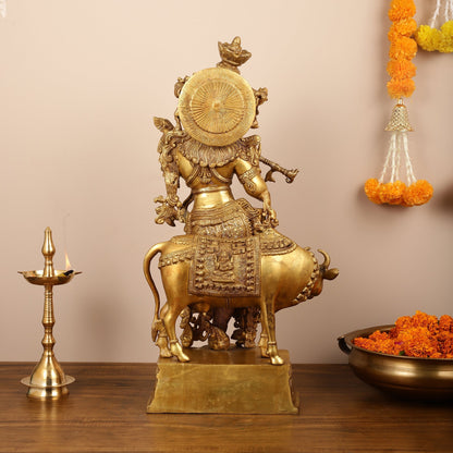 Brass Krishna with cow idol 26"
