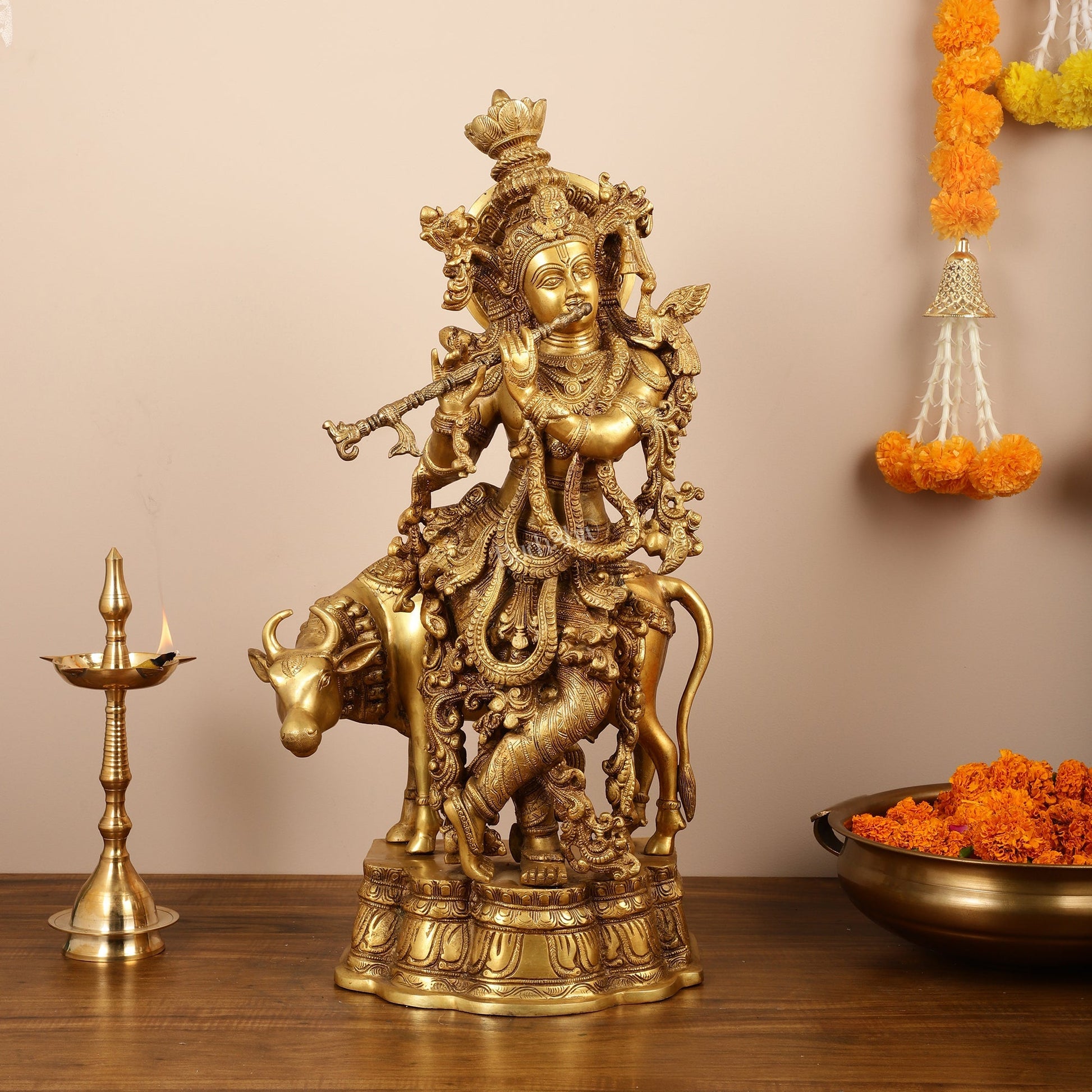 Brass Krishna with cow idol 26"