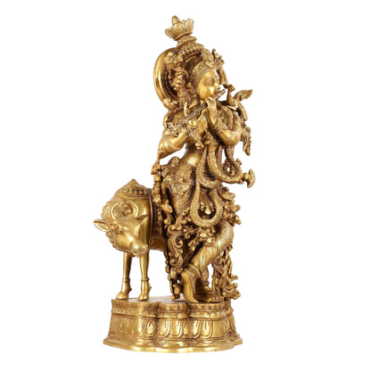 Brass Krishna with cow idol 26"