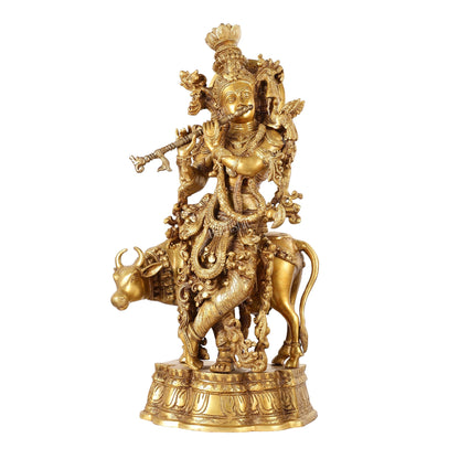 Brass Krishna with cow idol 26"