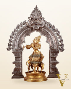 Brass Krishna with Cow Idol & Silver-Plated Prabhavali Arch – Divine spiritual Set