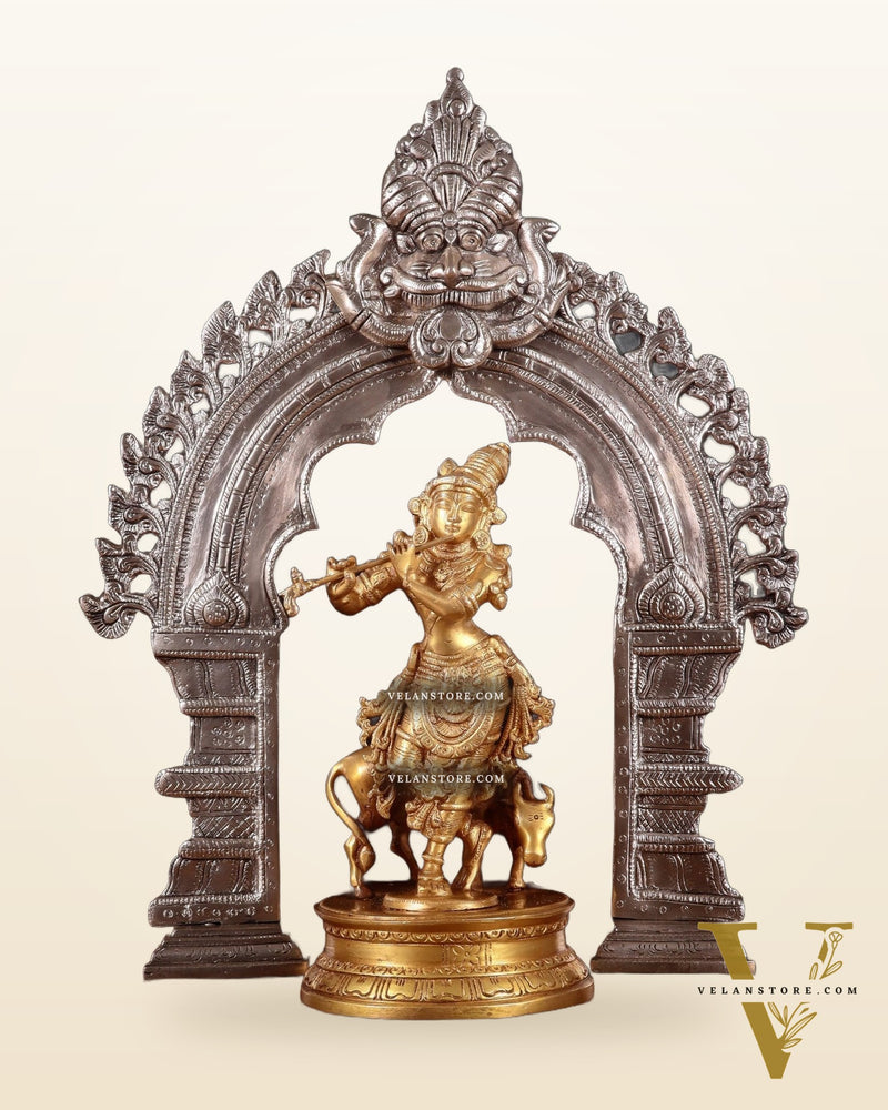 Brass Krishna with Cow Idol & Silver-Plated Prabhavali Arch – Divine spiritual Set