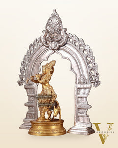 Brass Krishna with Cow Idol & Silver-Plated Prabhavali Arch – Divine spiritual Set