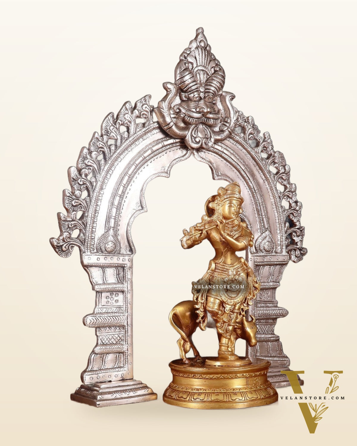 Brass Krishna with Cow Idol & Silver-Plated Prabhavali Arch – Divine spiritual Set