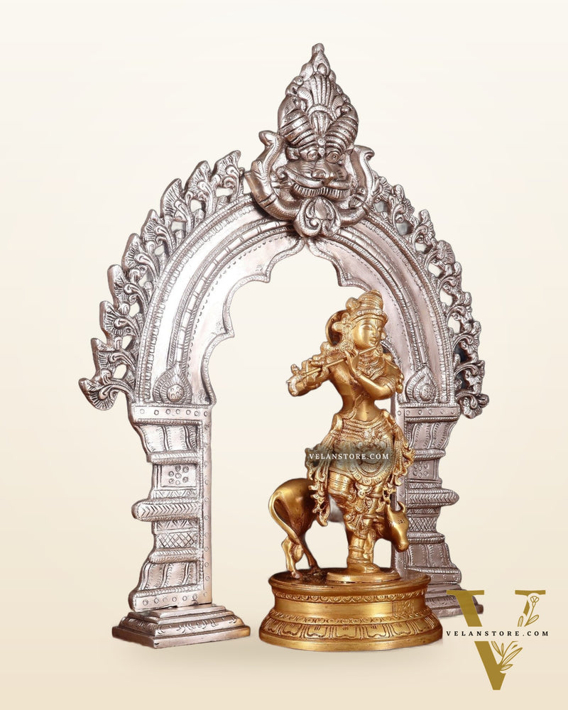 Brass Krishna with Cow Idol & Silver-Plated Prabhavali Arch – Divine spiritual Set