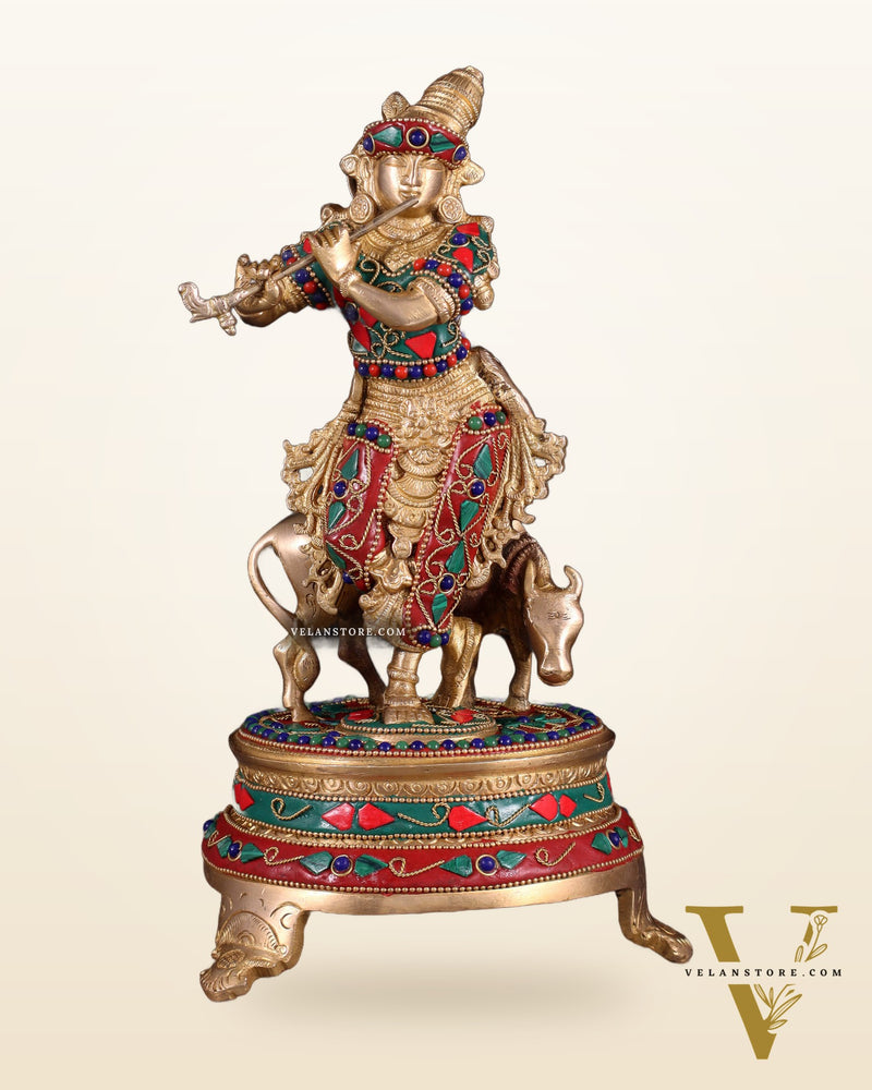 Brass Krishna with cow idol with floral meenakari Stonework 10.5"