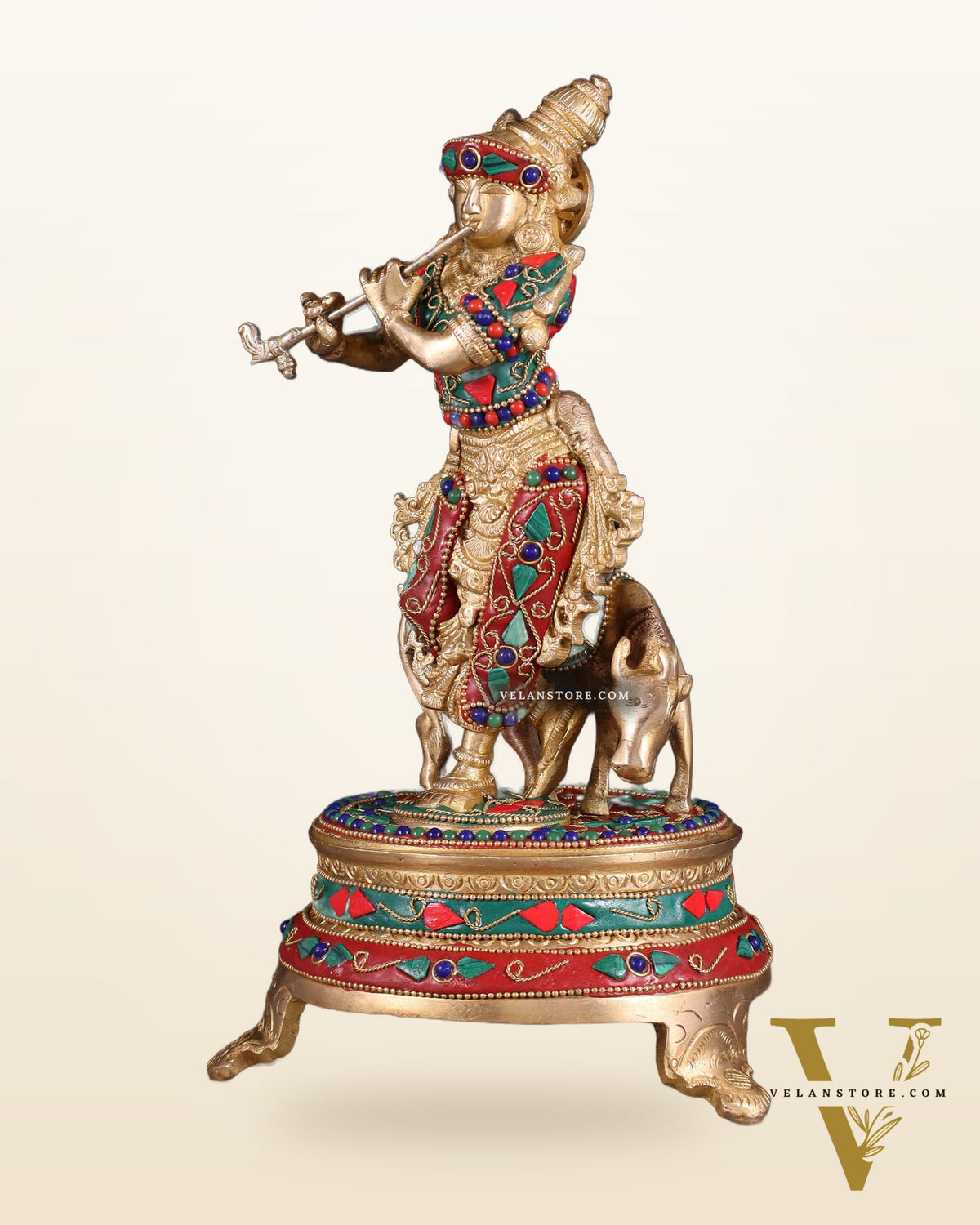 Brass Krishna with cow idol with floral meenakari Stonework 10.5"