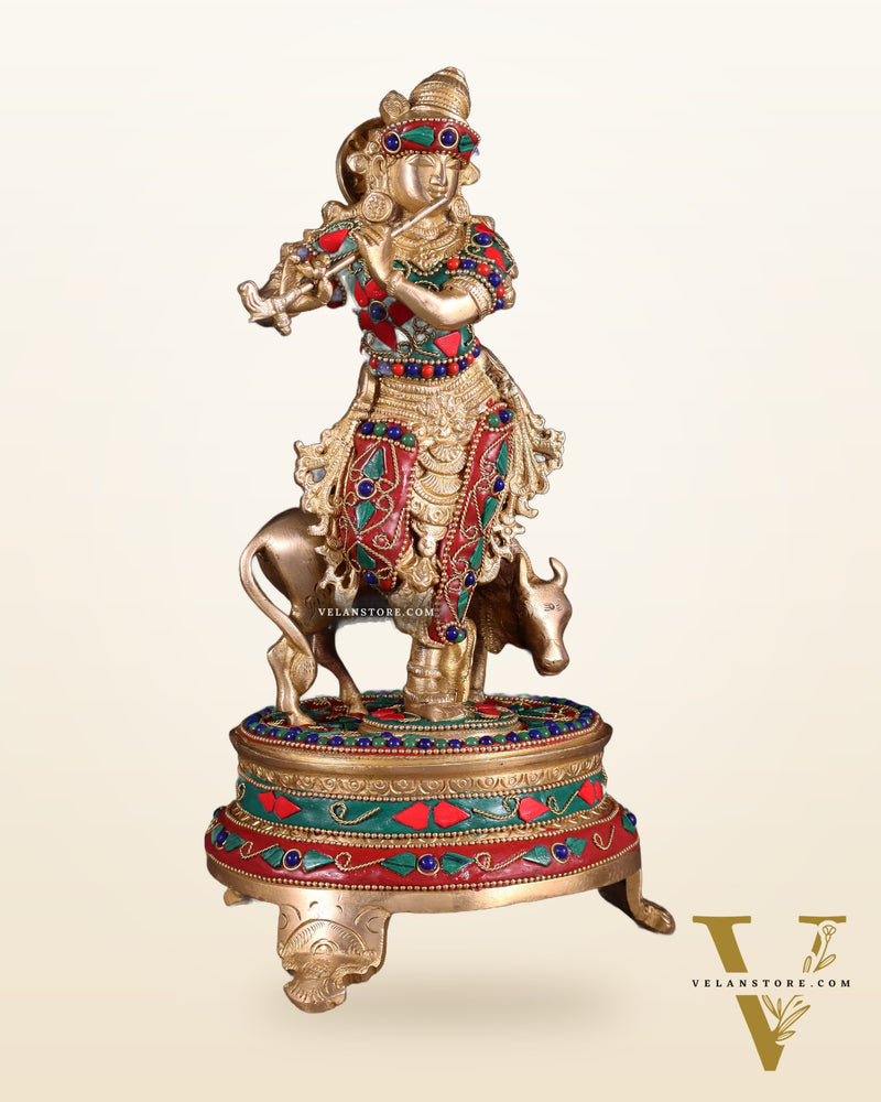 Brass Krishna with cow idol with floral meenakari Stonework 10.5"