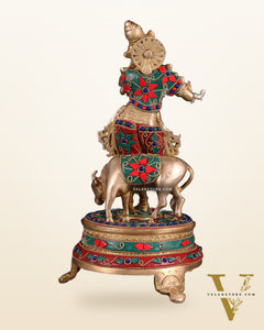Brass Krishna with cow idol with floral meenakari Stonework 10.5"