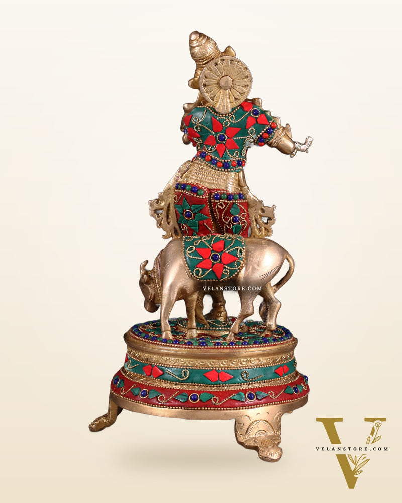 Brass Krishna with cow idol with floral meenakari Stonework 10.5"