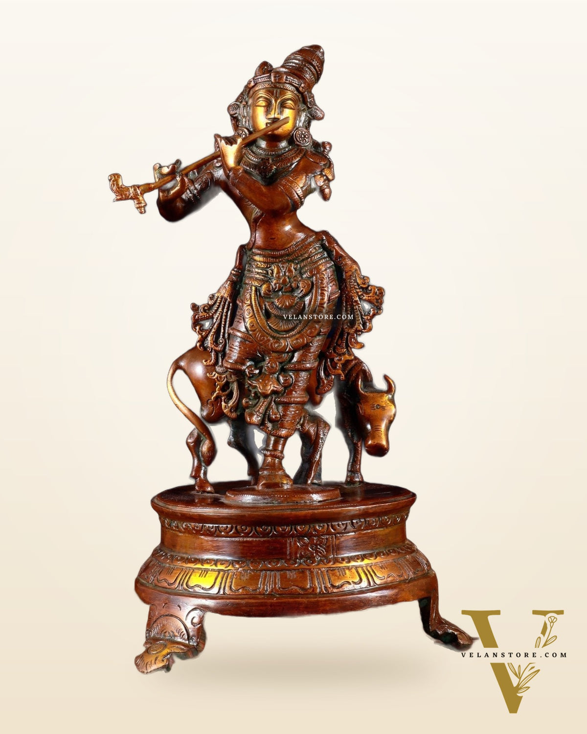 Brass Krishna with Cow on Round Pedestal 10.5 inch