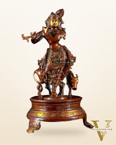 Brass Krishna with Cow on Round Pedestal 10.5 inch